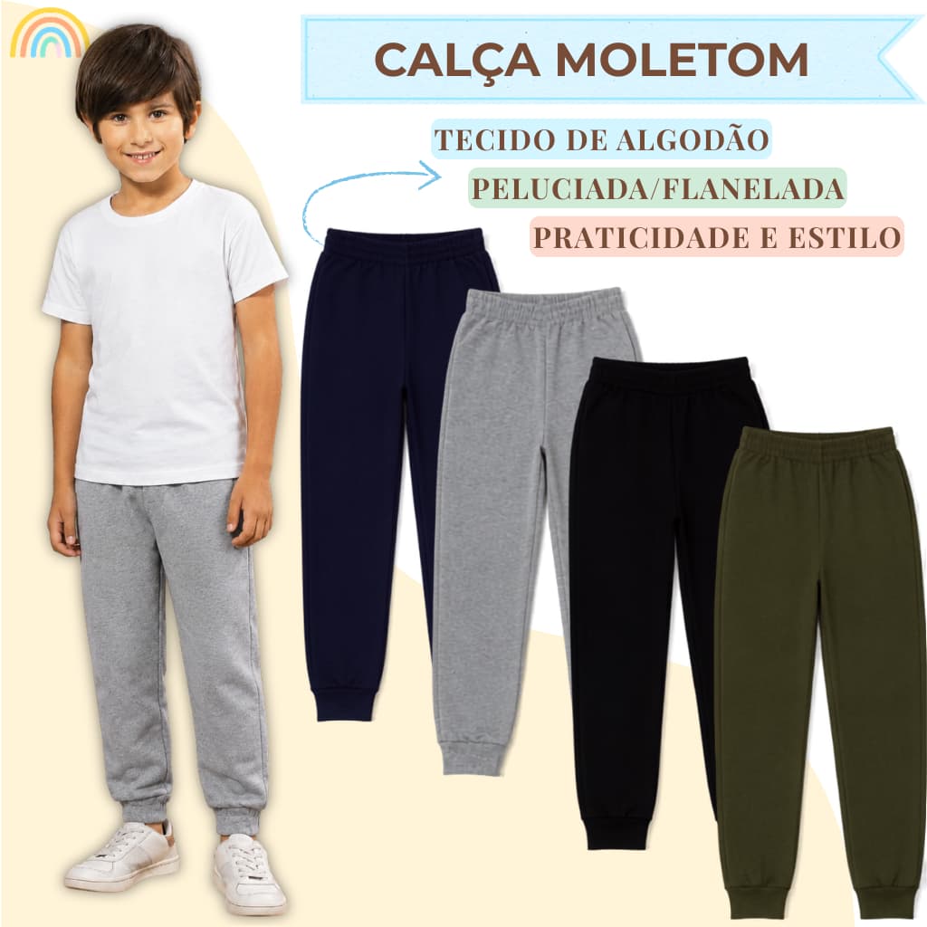 Kits com 2,4 e 6 Calças de Moletom Pelúciadas Infantil Menino Sortidas Roupa Masculina 2 ao 14