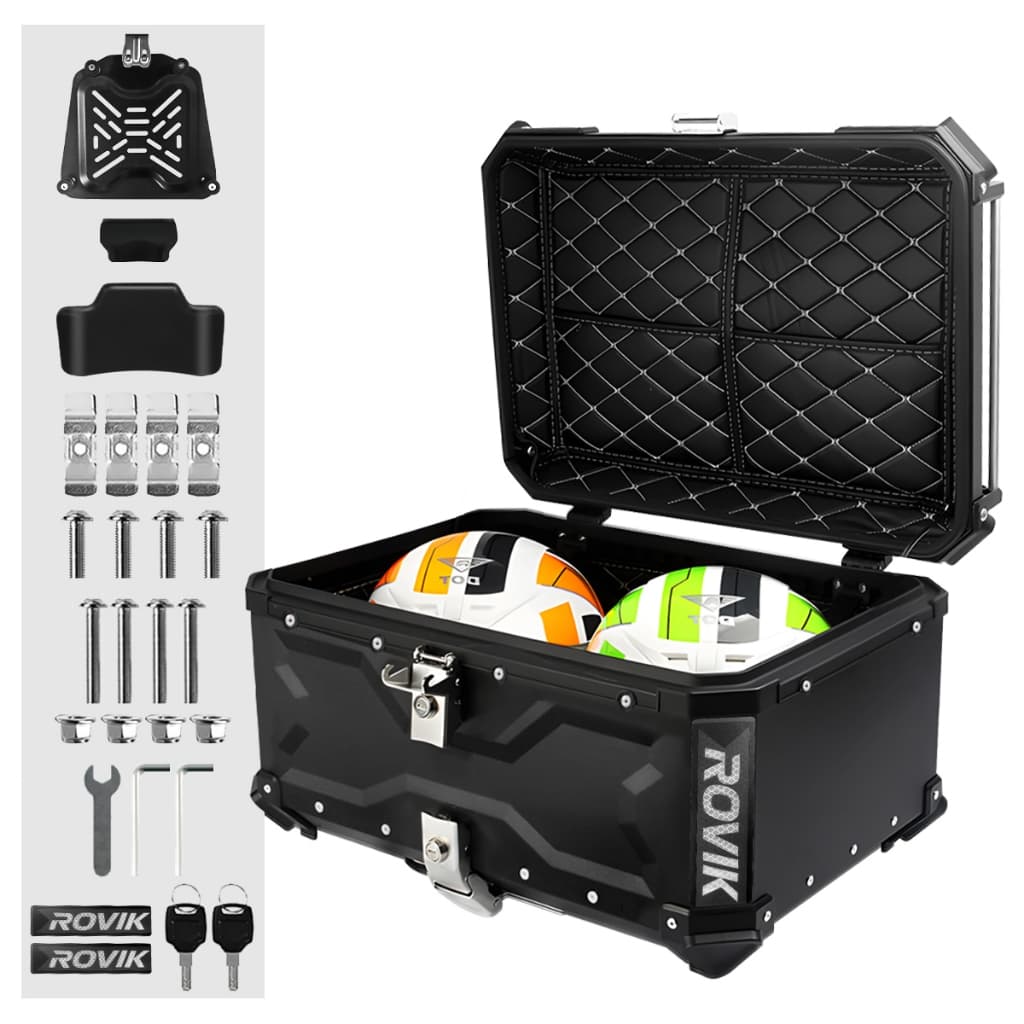 Baú  Moto Alumínio Top Case Traseiro 65 L Base Encosto Big Trail Alta Capacidade Cabe 2 Capacetes