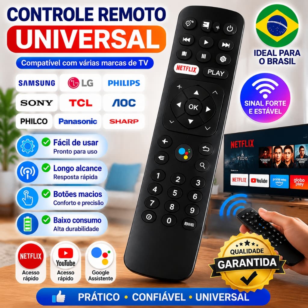Controle Remoto Universal Smart TV com Botão Streaming Pronto Uso Compatível com Diversas Marcas