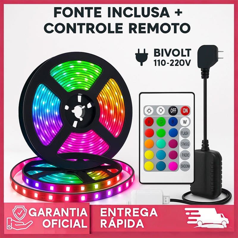 Fita LED RGB 5050 de 5M com decoração de luz de fundo para TV, controle remoto de 24 teclas, 5V.