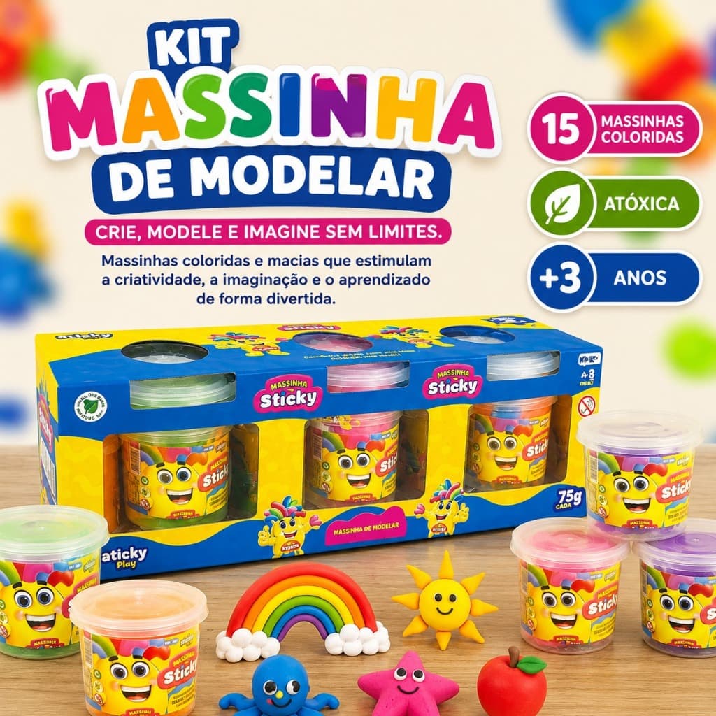 Kit 3 Potes Massinha De Modelar Colorida Infantil Educativa Atóxica 15 Unidades