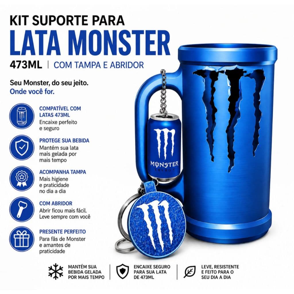 Porta Lata Monster 473ml com Tampa e Abridor Suporte Personalizado para Energéticos Monster