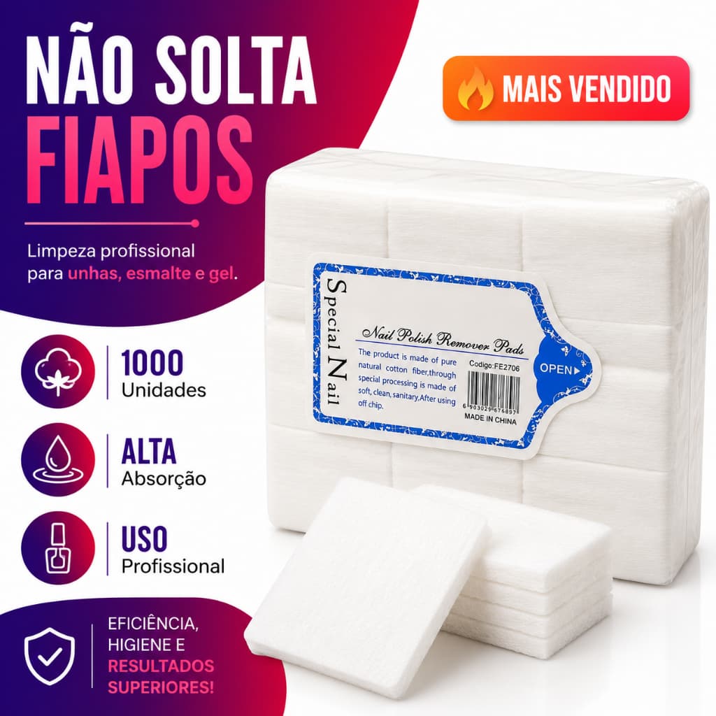 Algodão Prensado Unha Profissional 1000 Unidades Limpeza Gel Hipoalergênico Vegano