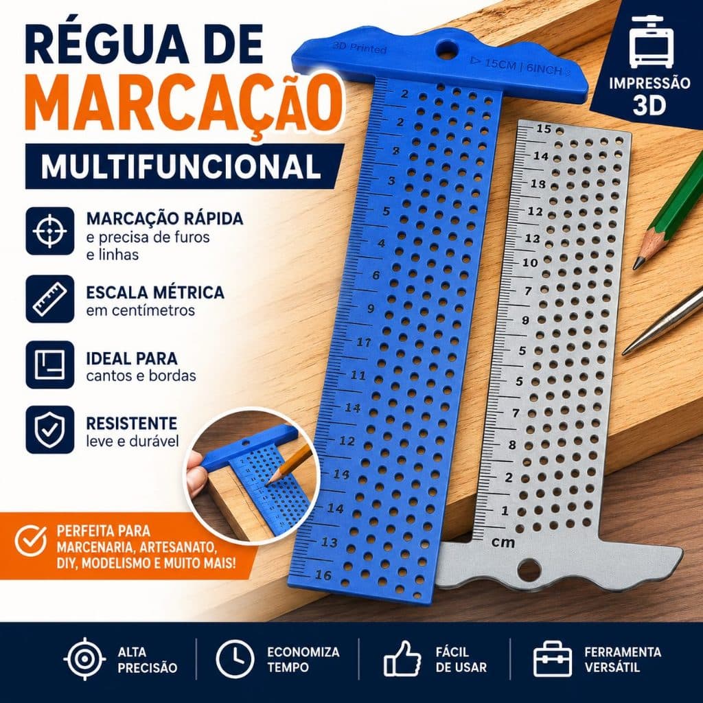 Régua de Marcação Multifuncional para Marcenaria e Artesanato – Impressão 3D de Alta Precisão