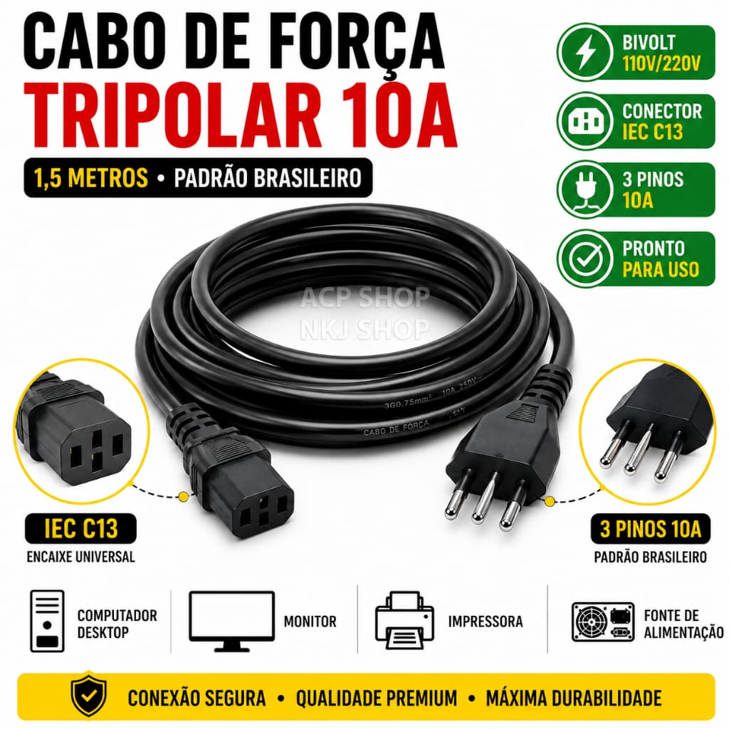 Cabo De Força 3 Pinos Tripolar 1,5m Padrão Novo 10A Para PC CPU Monitor Impressora Panela Elétrica Bivolt