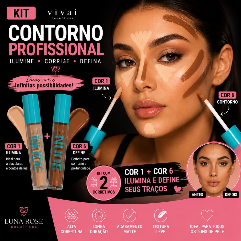 Kit Contorno e Iluminação Vivai Cor 1 + Cor  6 Alta Cobertura Efeito Matte