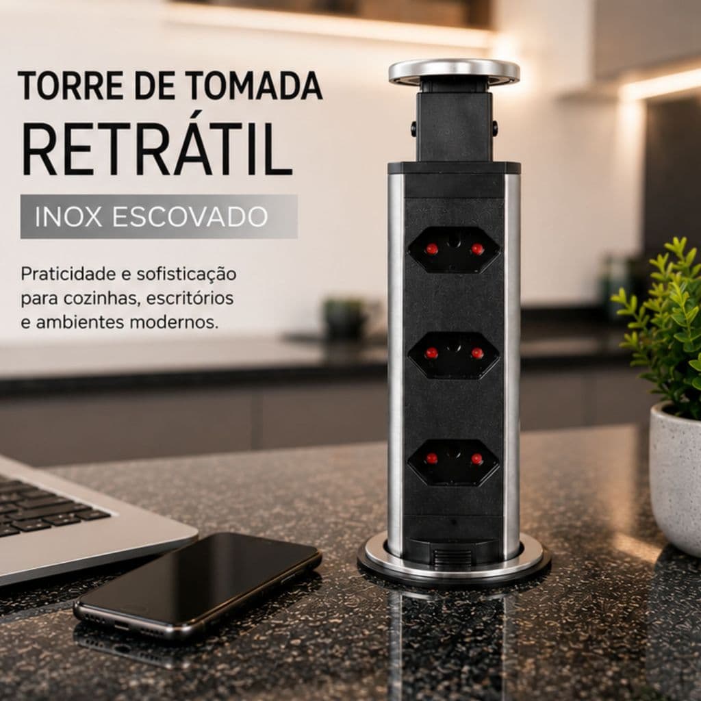 Torre De Tomada Inox Retratil Multiplug Embutir Mesa Granito Kazalinda