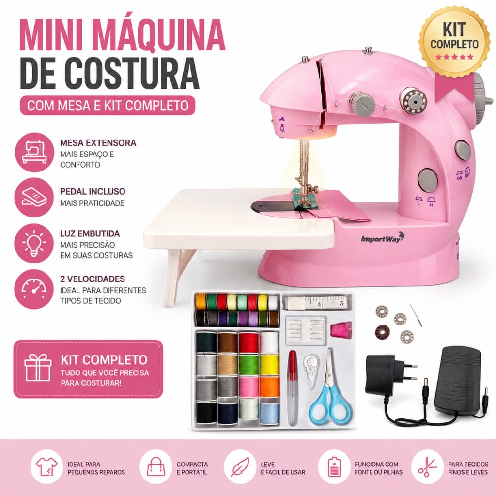 Mini Máquina Costura Rosa Portátil Com Mesa E Kit De Costura Importway