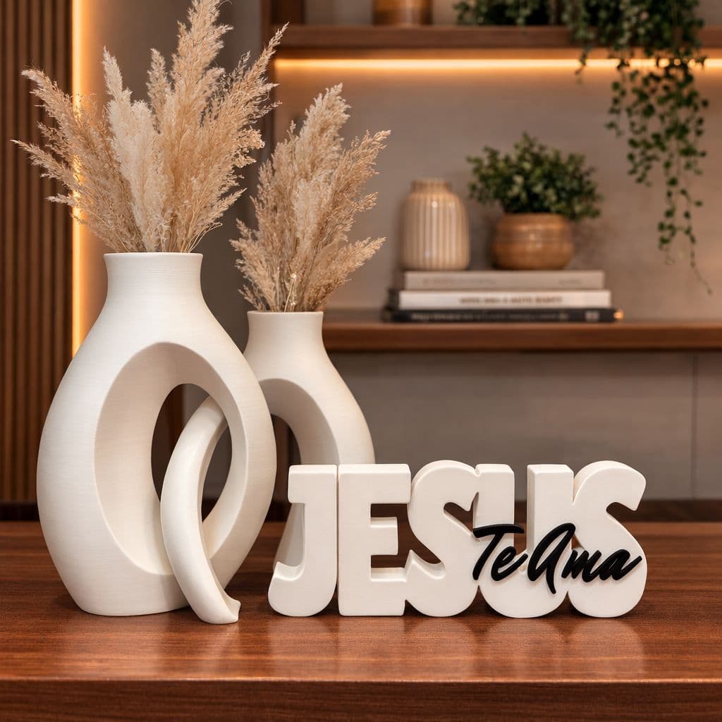 Kit Vaso Duplo Decorativo + Nome Jesus Te Ama | Decoração Sala Aparador Mesa Enfeite Cristão Minimalista