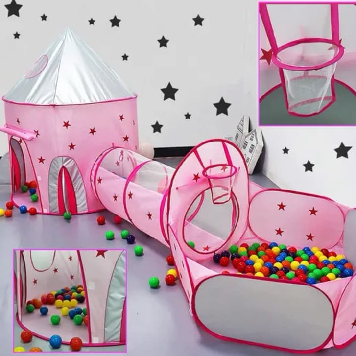 Barraca 3 em 1 Foguete Rosa com Estrelas e Toca Túnel Piscina  de Bolinhas com Cesto de Basquete