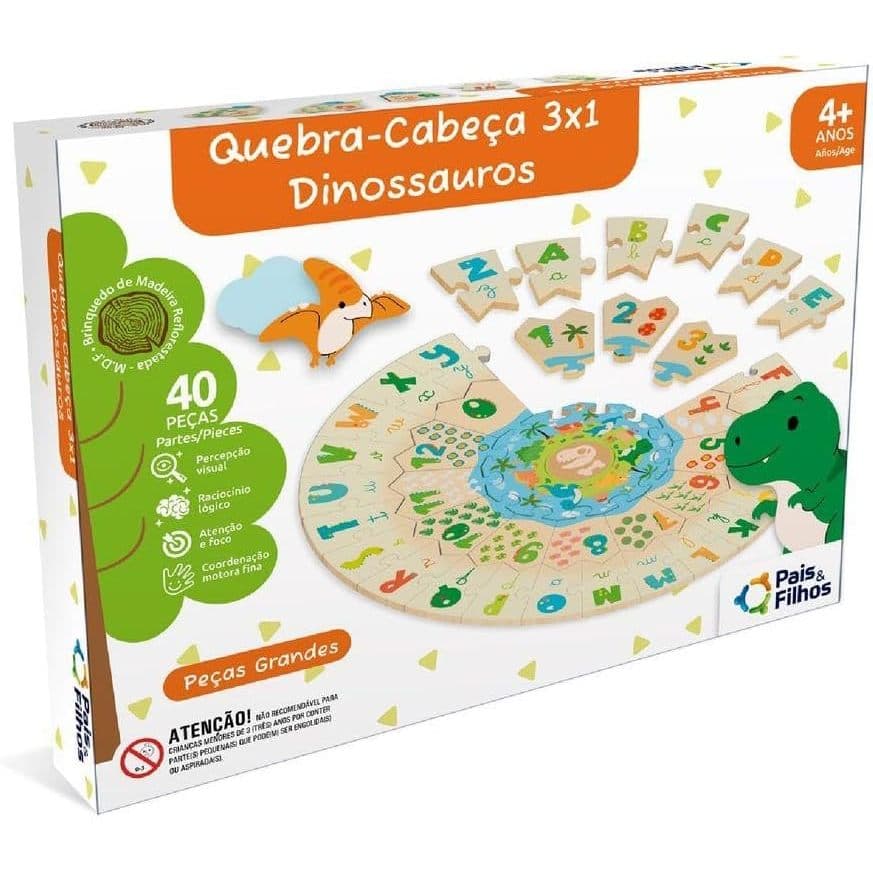 Quebra-Cabeça de Madeira 3x1 Dinossauros Pais & Filhos