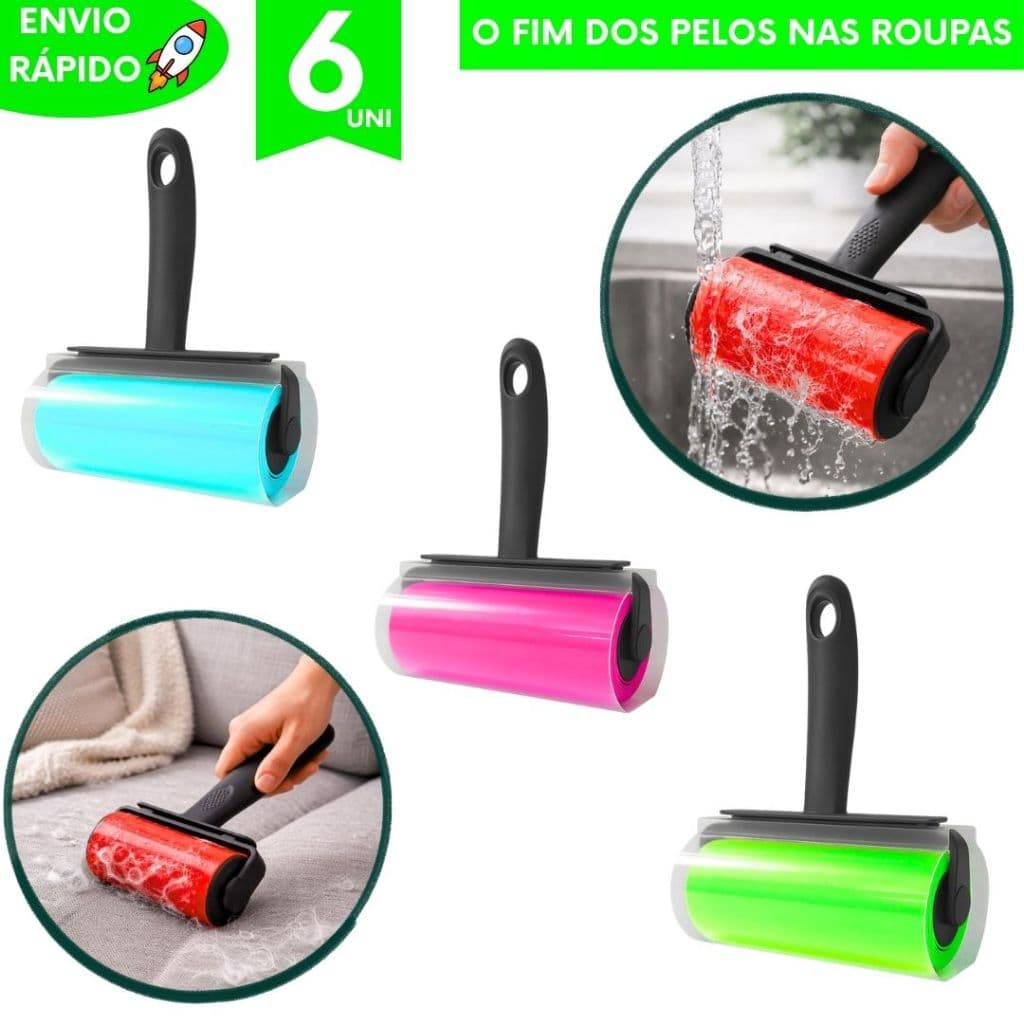 Kit Rolo Removedor de Pelos Fiapos Poeiras Lavável Multiuso Com Tampa Universal Plástico Original