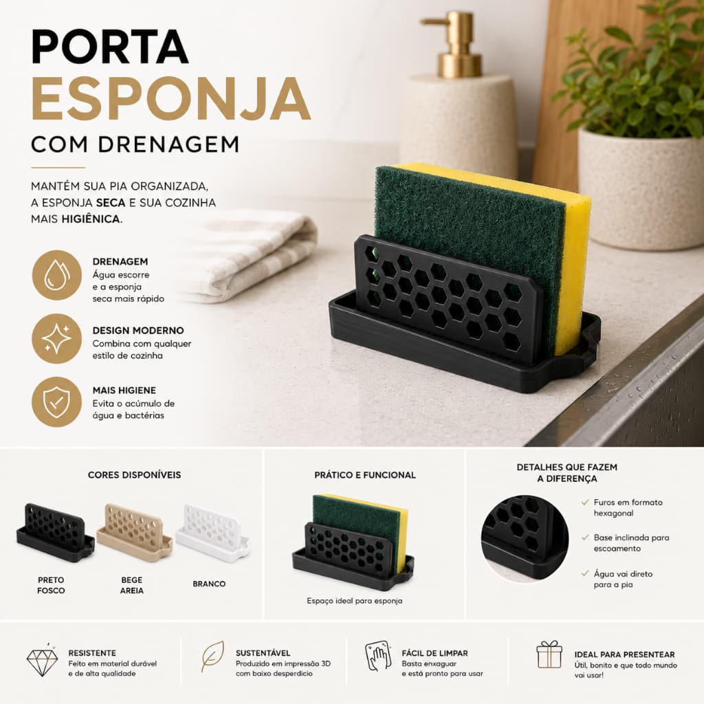 Porta Esponja com Dreno e Escorredor Compacto para Pia Cozinha