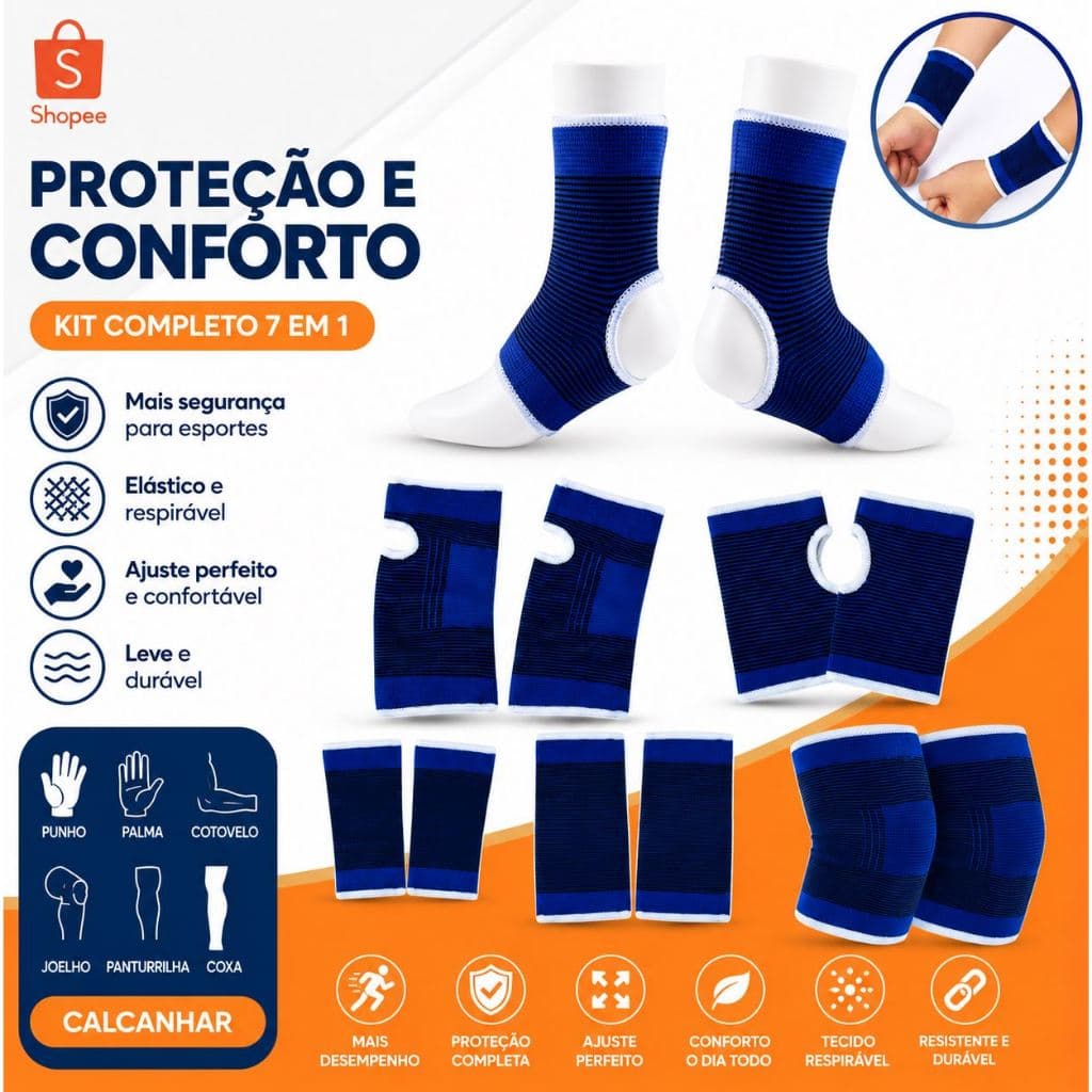 Kit 7 Faixas Ortopédicas Compressão Esportiva Punho Joelho Cotovelo Tornozelo Panturrilha Coxa