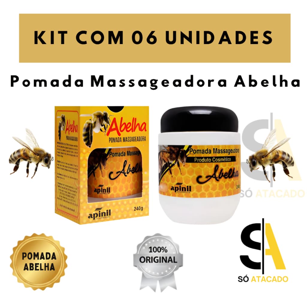 Kit Com 06 UND Pomada Massageadora Abelha Apinil 240g Alivio Corporal