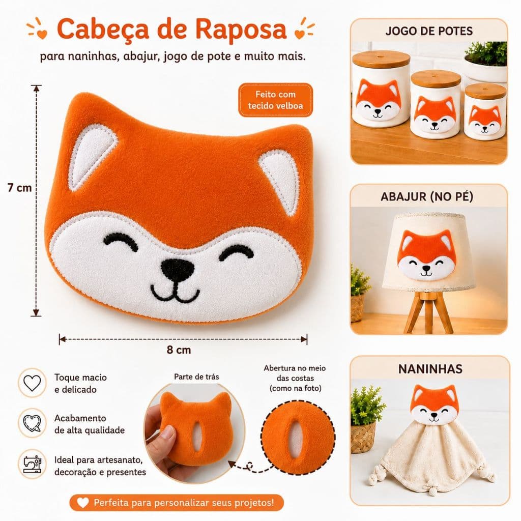 Cabecinha de Raposa Bordada para Naninha e Artesanato  - 5 peças