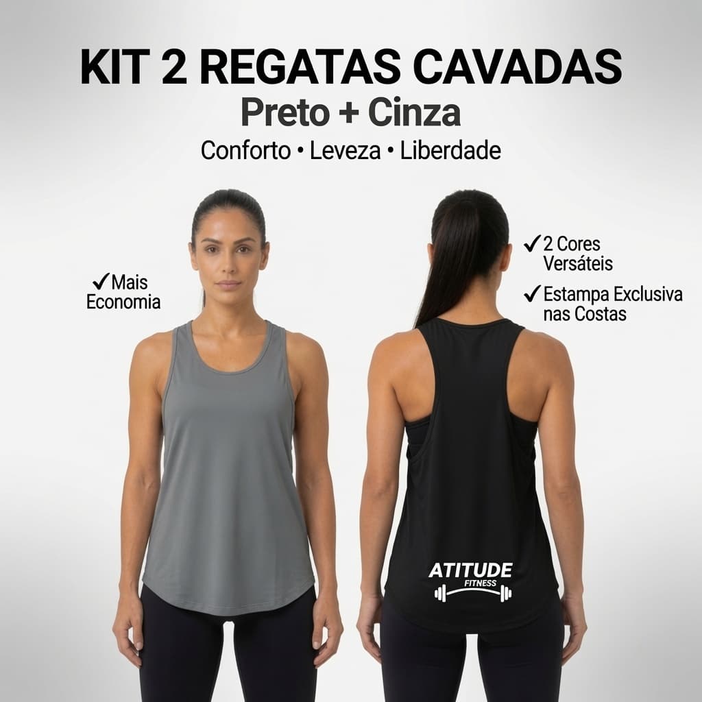 Kit 2 Regatas Cavadas Femininas Fitness Visco Lycra Costas Nadador Preto Cinza Academia