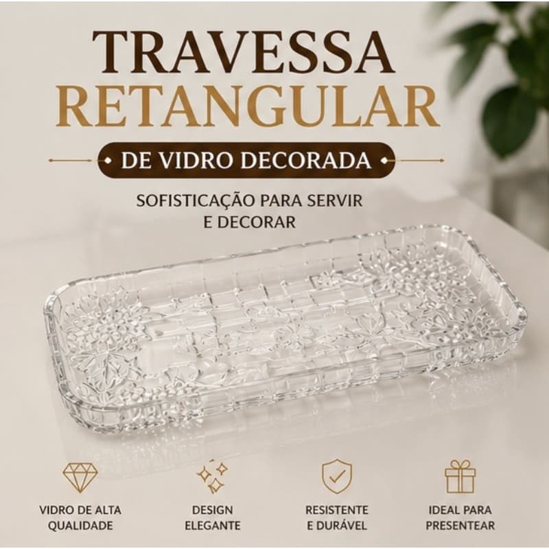Travessa Retangular de Vidro Decorada 27,8cm Mesa Posta Premium