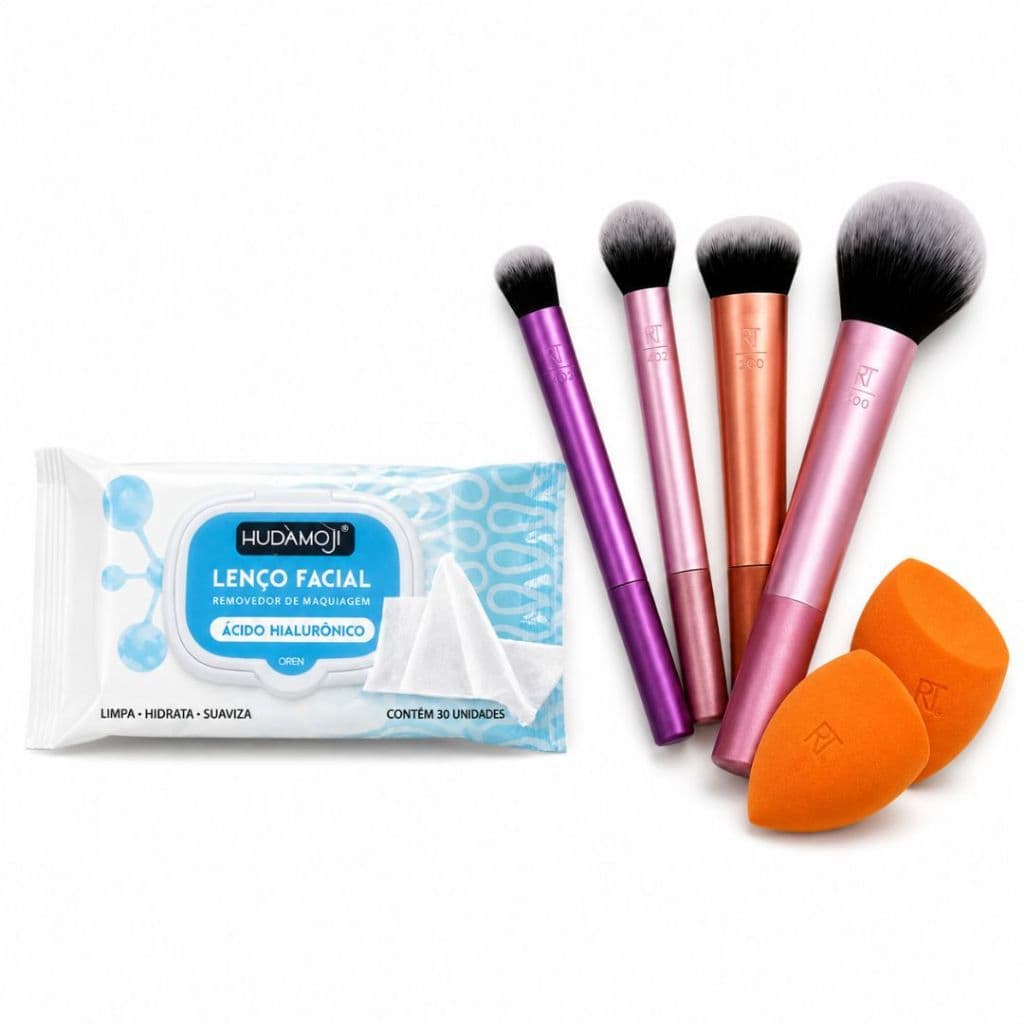 Kit Maquiagem Pincéis Esponjas E Lenço Facial Removedor