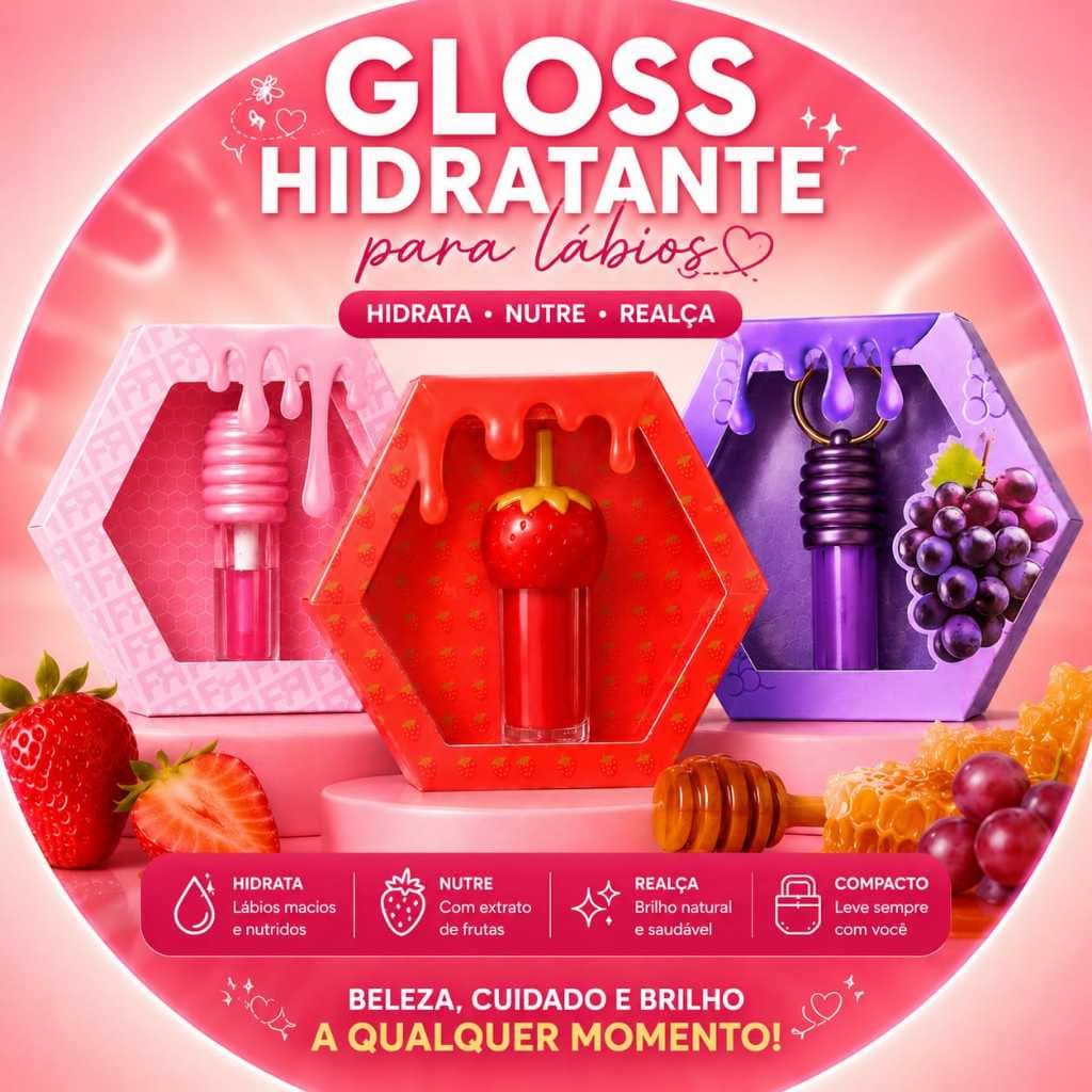 Gloss Labial Hidratante Morango Mel Uva Tuti fruti  Efeito Brilho Intenso Lábios macios e Cheirosos