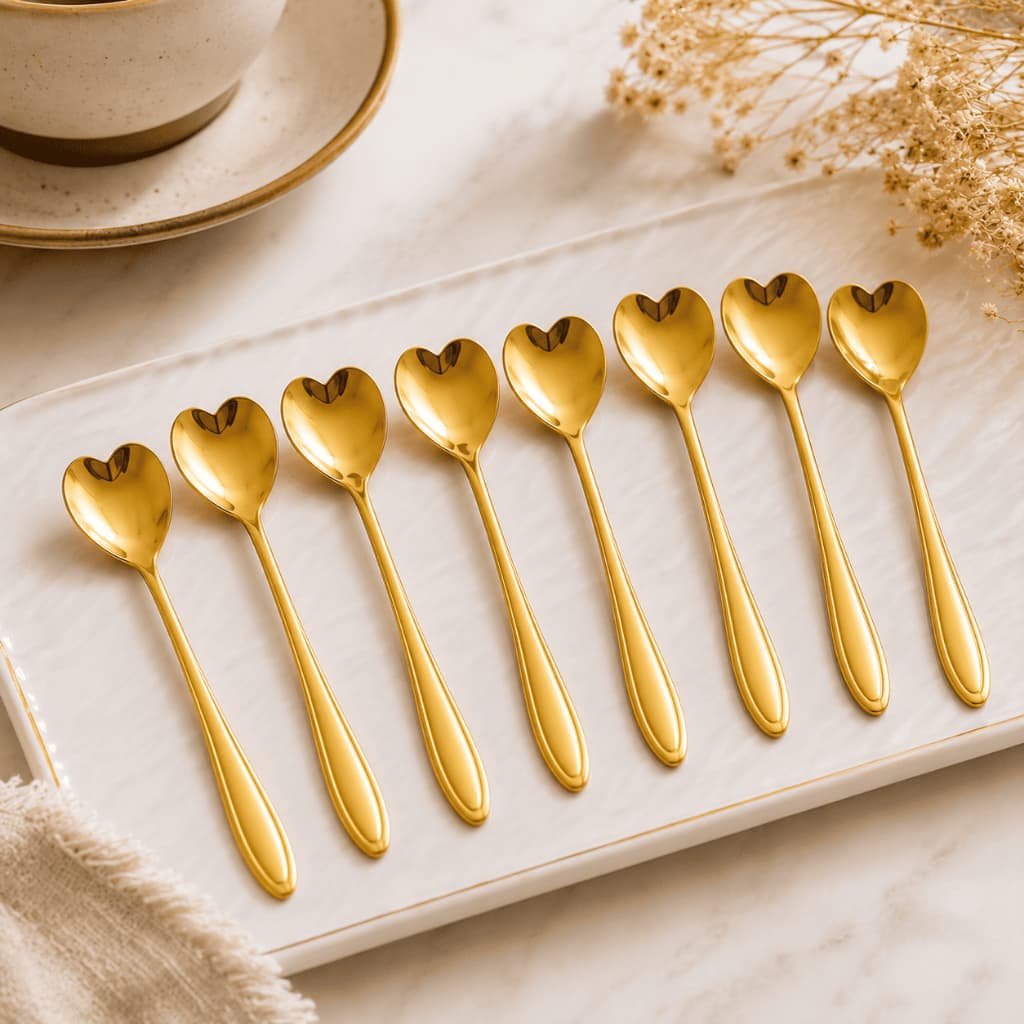 8 Peças Colher de Coração Douradas  Aço Inoxidável Luxo para Café Chá  Sobremesa