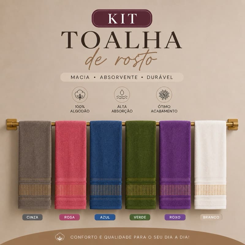 Kit Toalha de Rosto Barra Decorada  45x70cm 100% Algodão Macia Luxuosa Felpuda