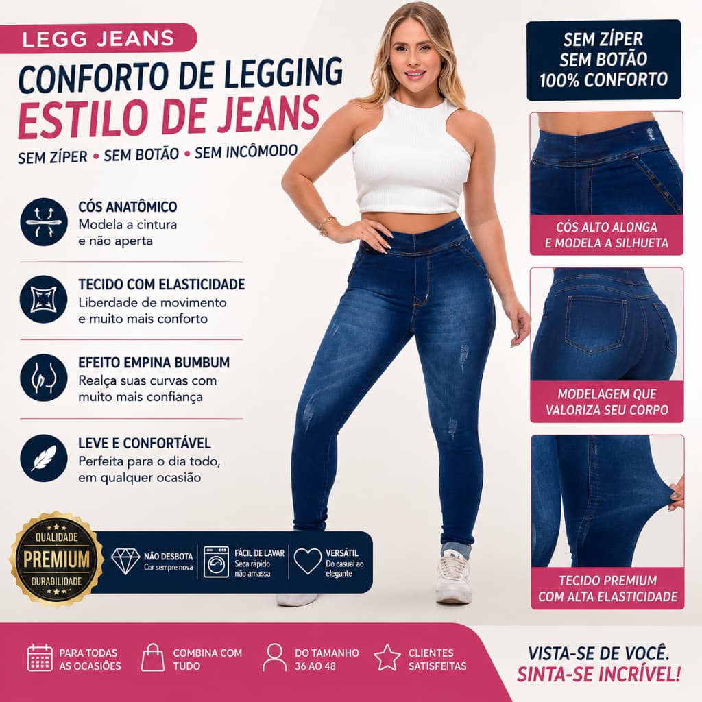 Calça Legg Jeans sem zíper e sem botão cintura alta lavagem escura premium