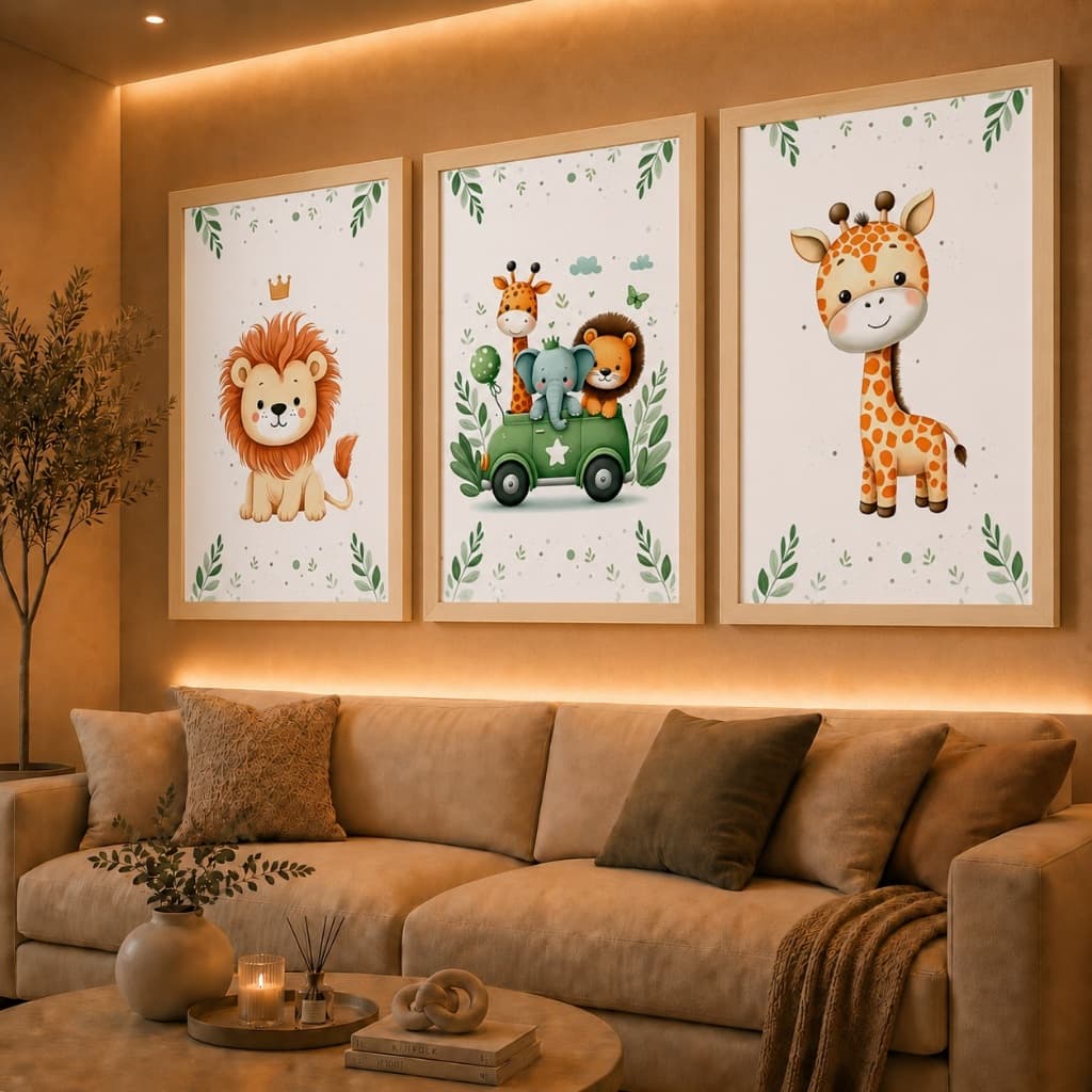 Quadros Decorativos Safari Aquarela Infantil Mosaico Sala Quarto Escritório