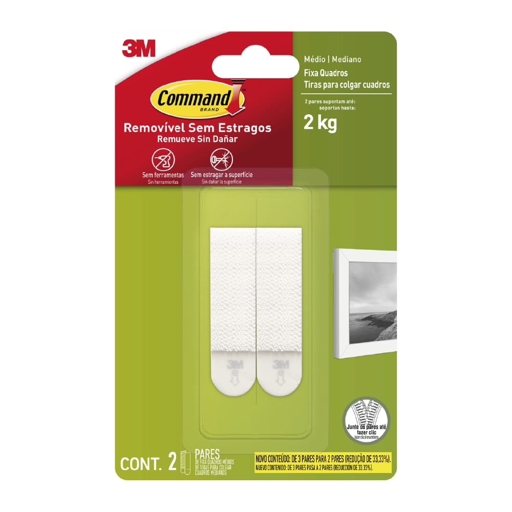 Fecho Adesivo Velcro Grande Command 3m Br- Fixa Quadros Vidro Espelho Até 2,0kg 2 pares