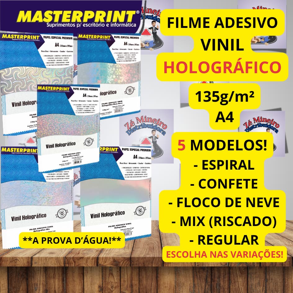 Vinil Adesivo Holográfico 135g A4 para Jato de Tinta Resistente a prova d'água Masterprint