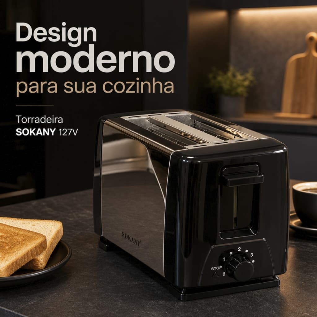 Torradeira Elétrica 110V Inox 2 Fatias 750W 6 Níveis Tostador De Pão Sokany Compacta