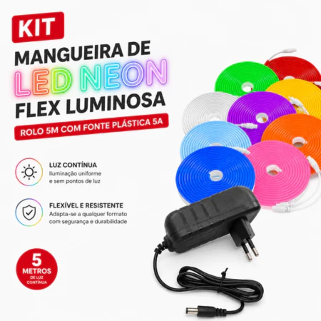 Mangueria de Led Neon Flex com Fonte Plástica 5 ampers 12 volts Bivolt Rolo Luminosa com 5 metros