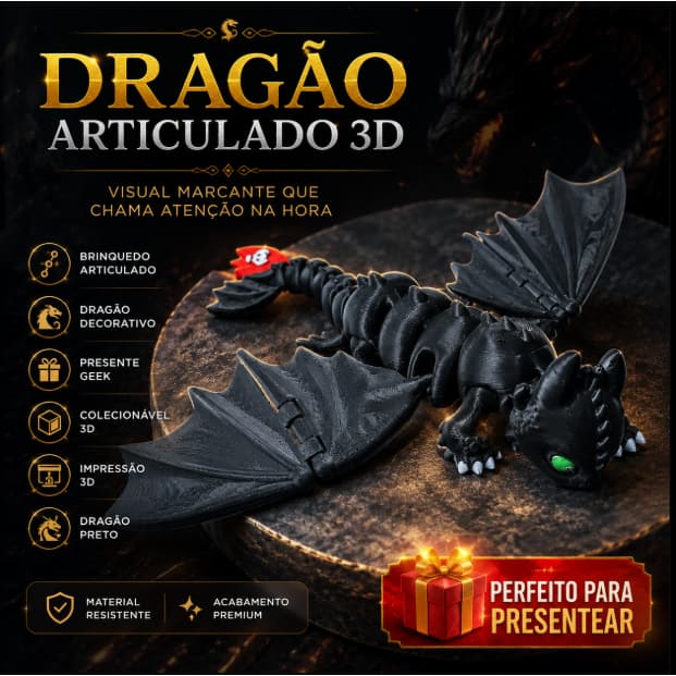 Dragão Preto Articulado Estilo Fúria da Noite Colecionável 3D Geek