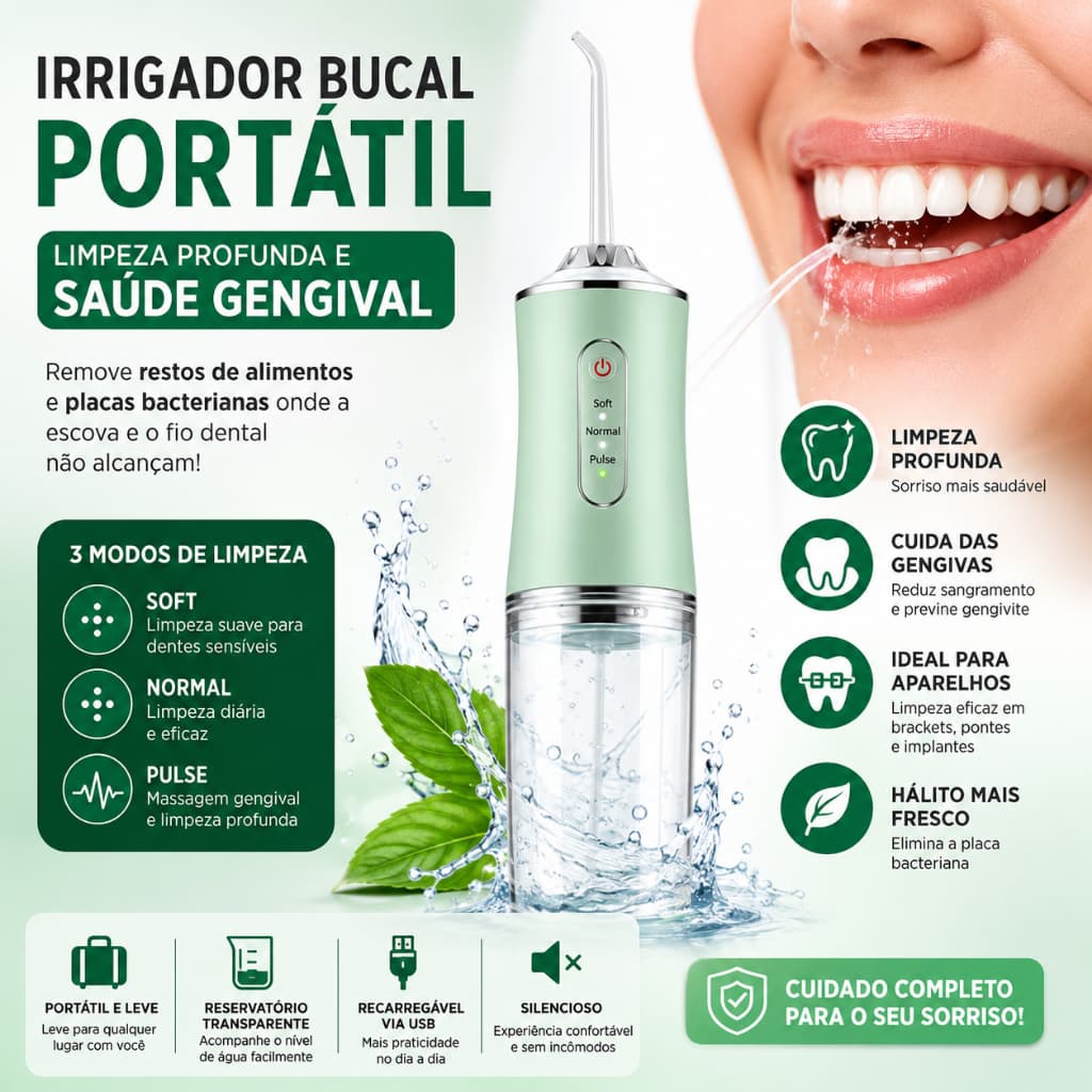 Irrigador Bucal Portátil Recarregável Alta Pressão Limpeza Profunda Dental Saúde Gengival Verde