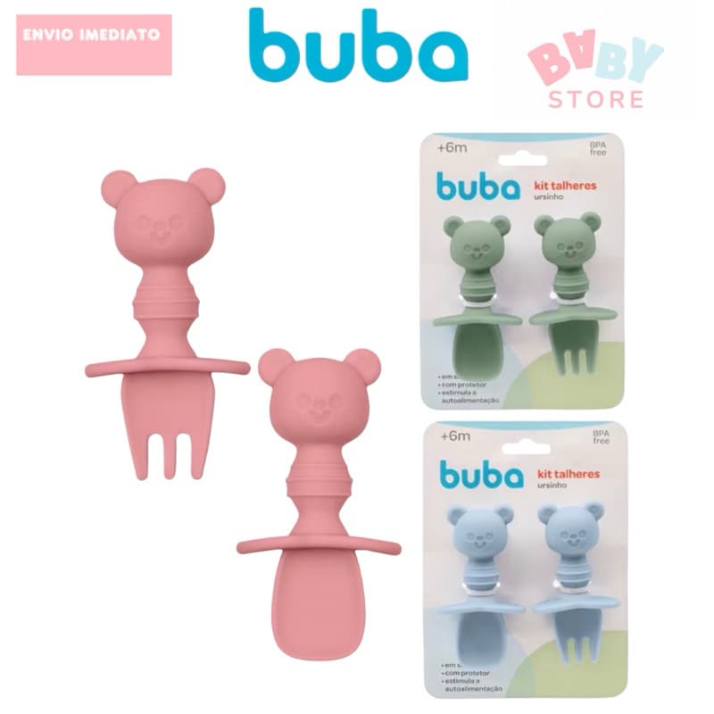 Kit Talher Ursinho Treinamento Buba Garfo e Colher Silicone Introdução Alimentar Buba