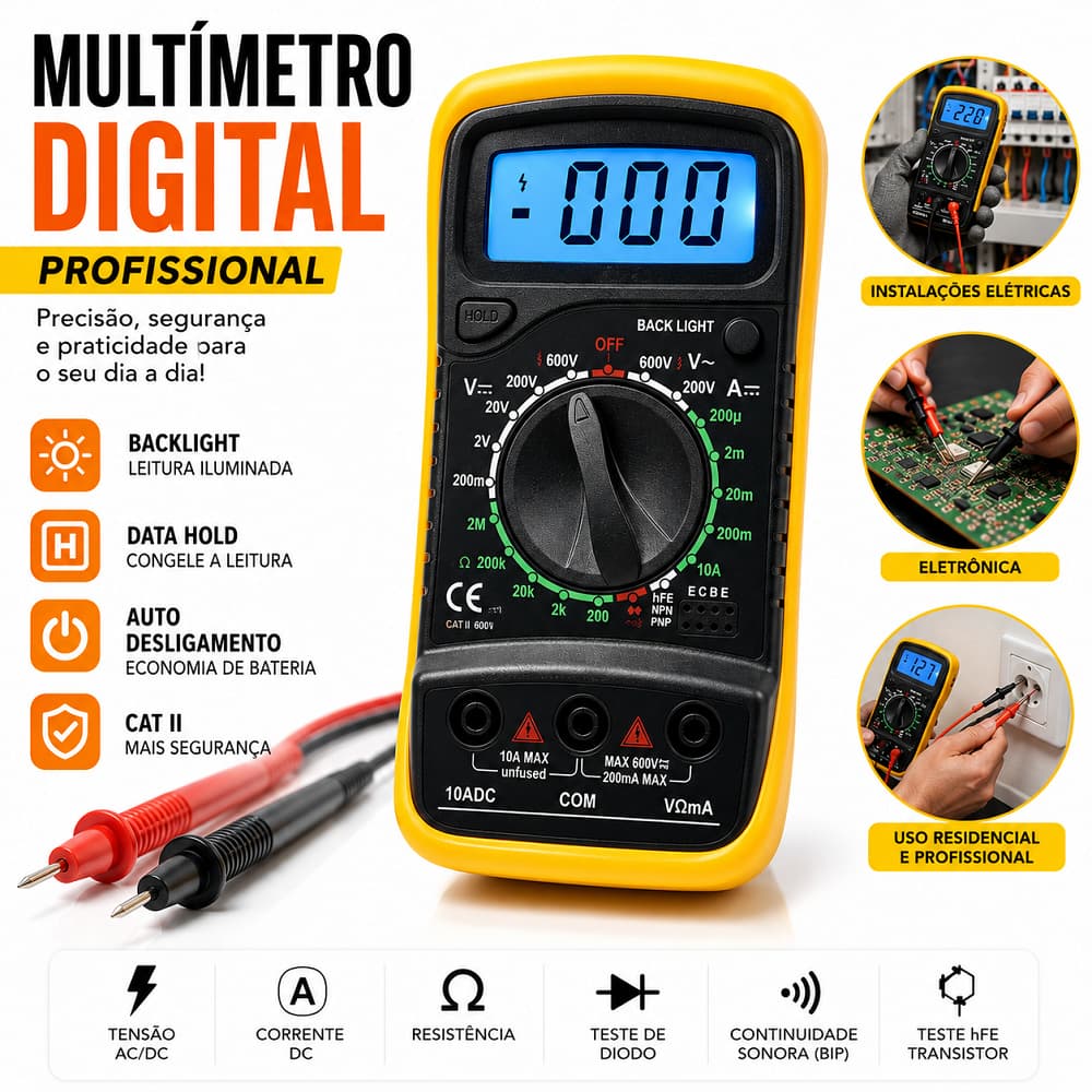Multímetro Digital Profissional Portátil com Cabo Caneta Multi Teste Voltagem Display LCD
