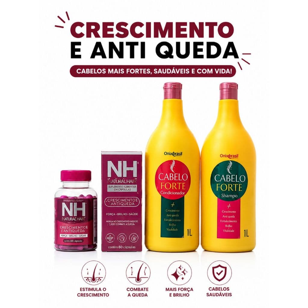 Kit Anti Queda e Crescimento Capilar Completo | NH + Shampoo + Condicionador Cabelo Forte Tratamento Completo para Cabel