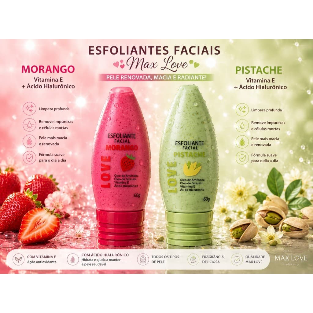 Esfoliante Facial Max Love 60g Morango ou Pistache Vitamina E Ác.  Hialurônico