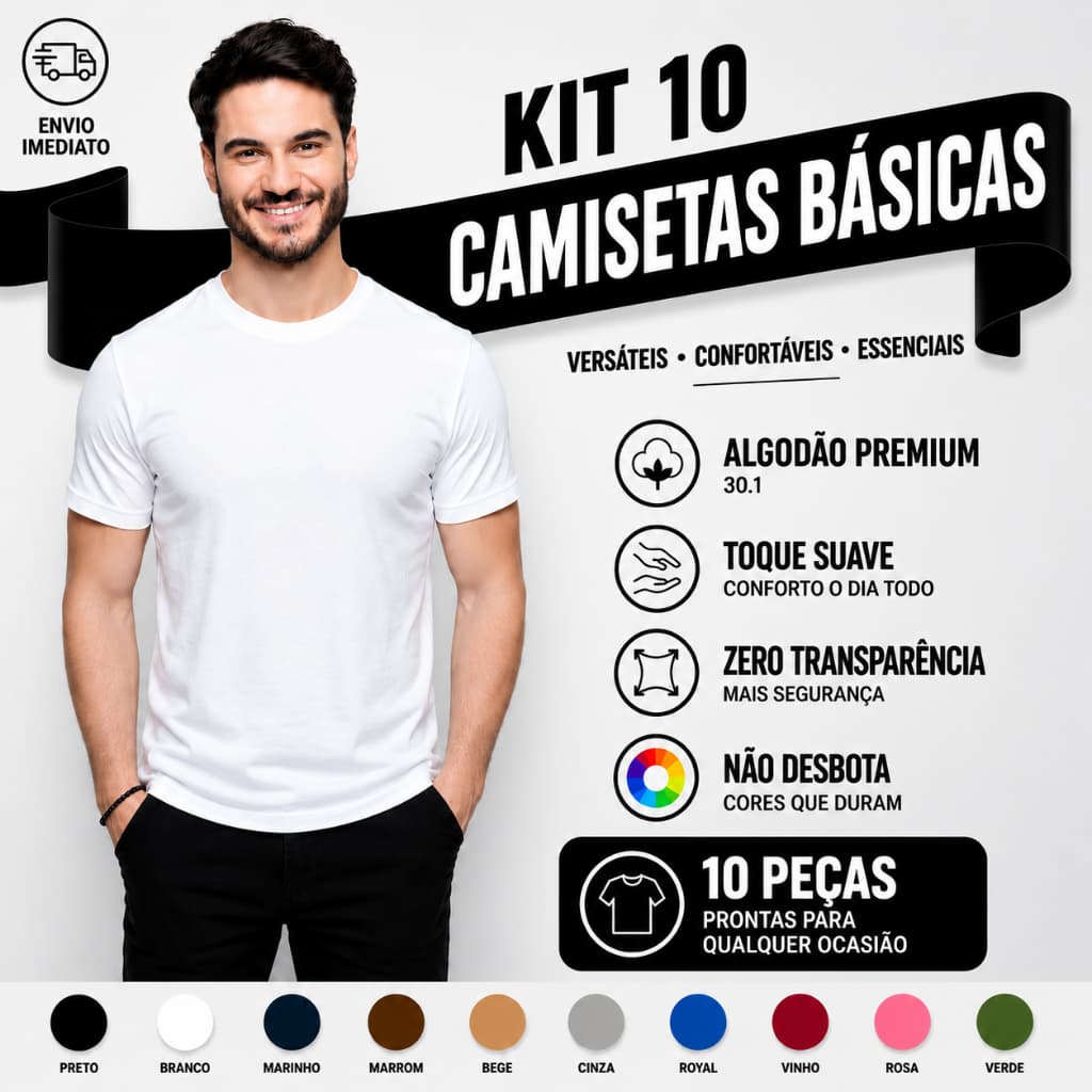 Kit 10 Camisetas Masculina Branca Algodão Premium Básicas Gola Redonda Tribo
