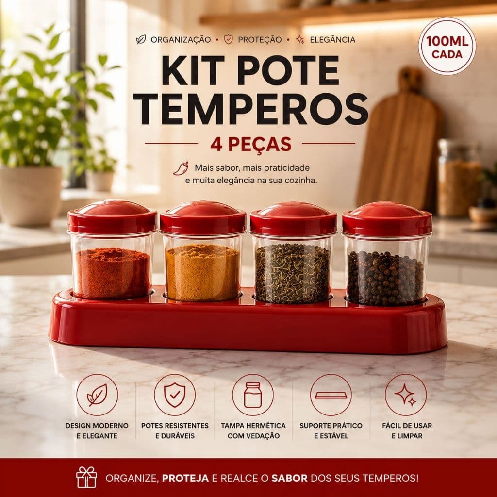 Kit Porta Temperos 4 Peças 100ml Suporte Organizador Porta Condimentos Herméticos Cozinha Ercaplast