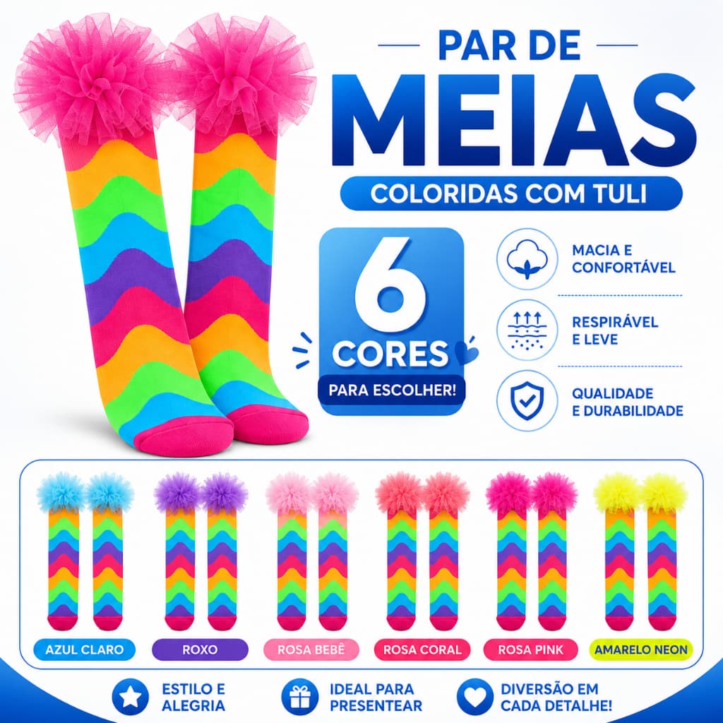 Meia Divertida Listrada Colorida Com Tule Infantil Tamanho Único Maluka Maluca