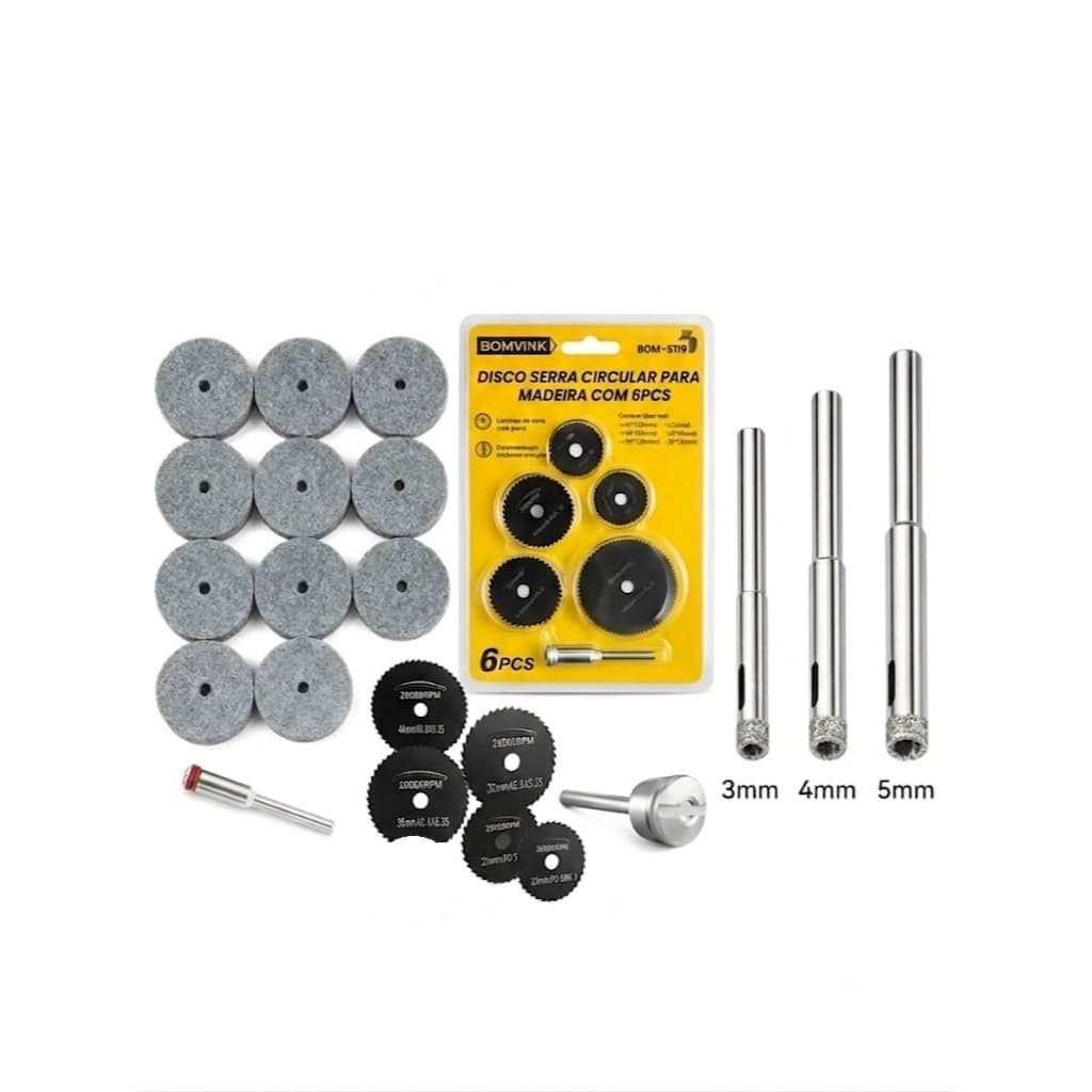 Kit 5 disco corte + 10 rebolo + 9 brocas diamantadas micro retifica 3.2mm 1/8
