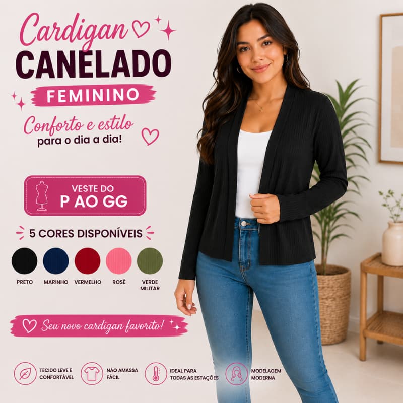 Cardigan Feminino Canelado Manga Longa Casaco Leve Aberto do P ao GG Moda Inverno Outono |4228| Pronta Entrega