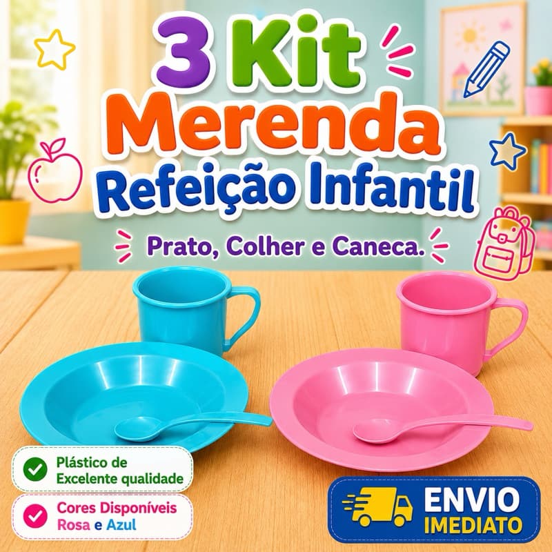 3 Kits Merenda Escolar Infantil Prato Caneca Colher Plástico Refeição Criança Rosa ou Azul