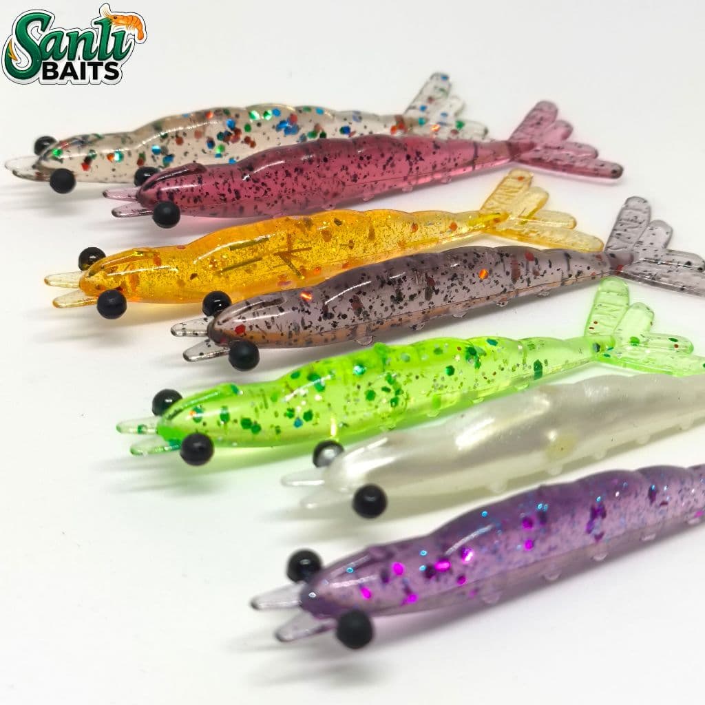 Camarões Artificial SanliBaits 6cm – kit com 10 unidades – isca soft para peixes predadores.