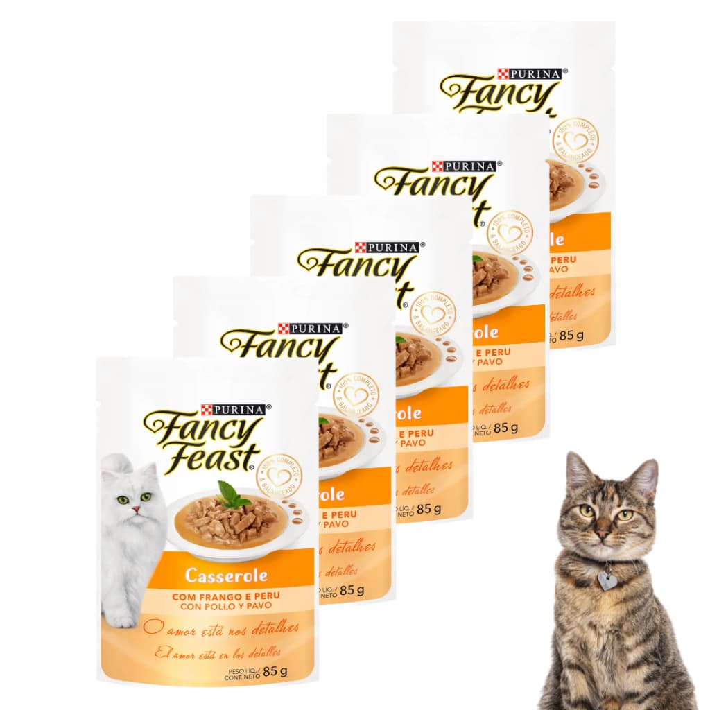 Kit 5 Sachê Fancy Feast Purina Alimento Ração Úmida Molho Casserole Sabor Frango Peru Gatos 85g