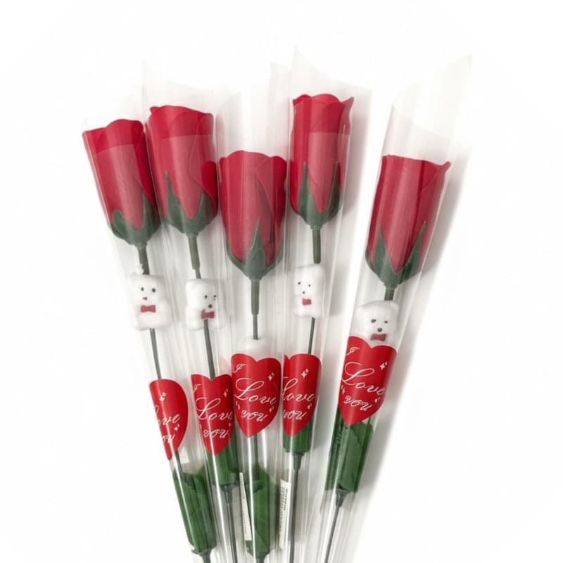 Kit Botão Rosa Flor com Ursinho Dia dos Pais Flor em Sabonete Presente Botão Flores Artificiais