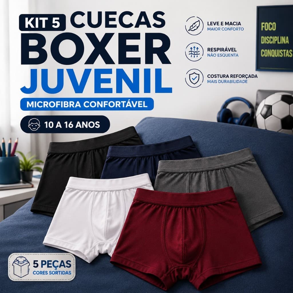 Kit 5 Cuecas Boxer Juvenil Microfibra Teen Sem Costura Confortável Secagem Rápida Sortidas