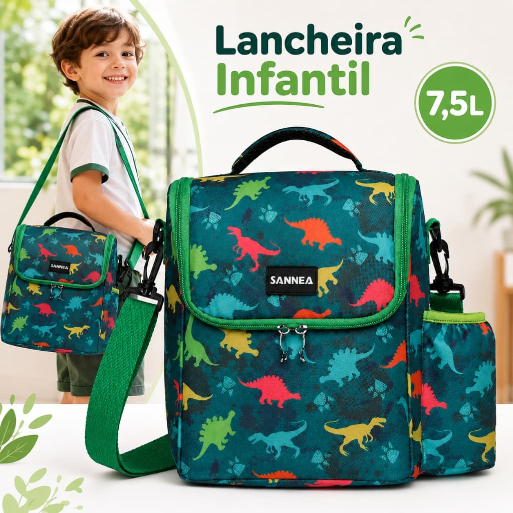 Lancheira Térmica Grande com Alça de Ombro para Infantil Menino Escolar (Dinossauro)
