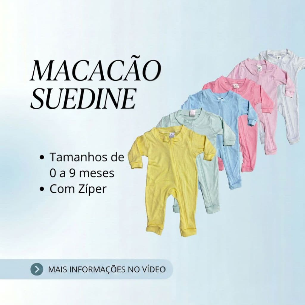 Macacão Bebê Inverno Suedine Manga Longa Zíper Pé Aberto Unissex Confortável P M G
